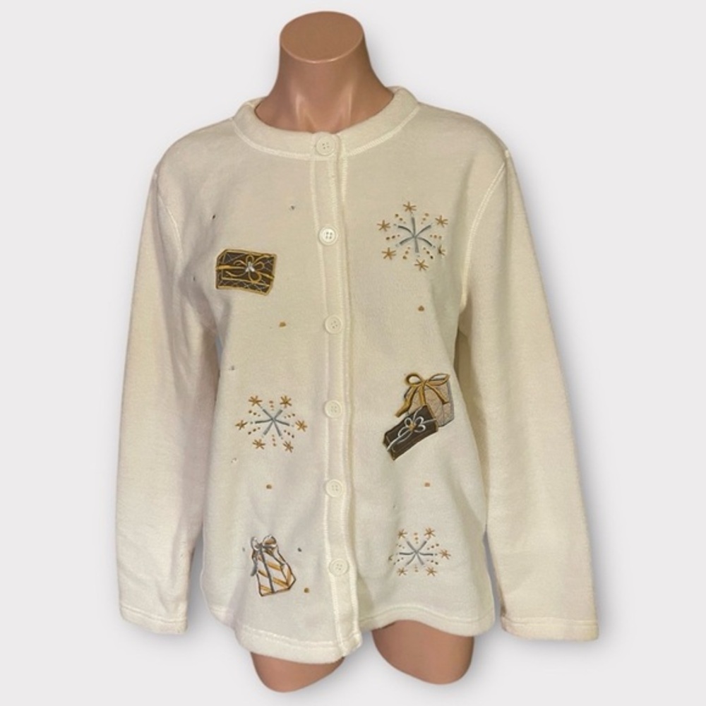 Vintage Premier International Christmas Fleece Cardigan M Fuzzy Holiday Presents